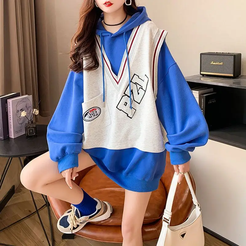 Oversized Loose Autumn New Korean Fake Two Pieces Patchwork Embroidered Hoodies Femme Casual Letter Mid Length Top Women\'s Tshir