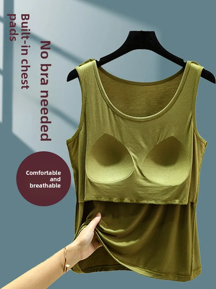 Modal No-Sleeve T-Shirt Women Summer Wear Bra Vest Thin Loose Outerwear Breathable Tank Top with Chest Pad July Deer Brand