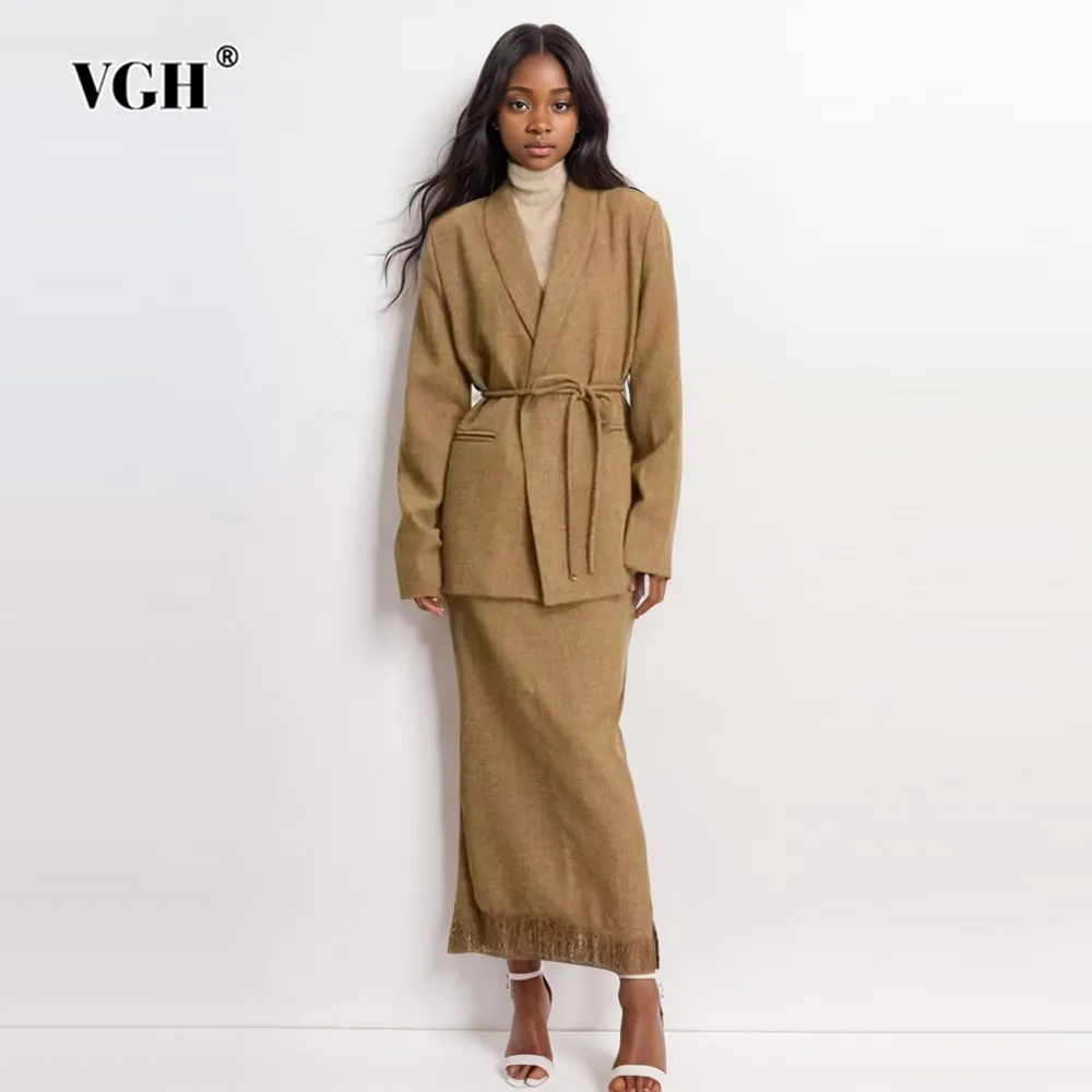 

VGH Solid Two Piece Sets For Women Notched Collar Long Sleeve Blazers High Waist A Line Skirts Temperament Set Female Fashion