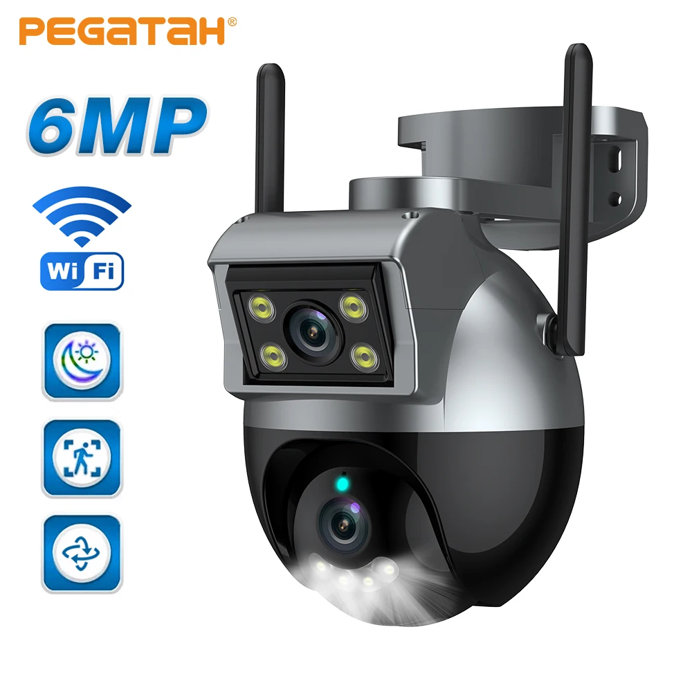 

Камера PTZ с двумя объективами PEGATAH 6MP, наружная камера для автоматического слежения, PTZ, Wifi, камера видеонаблюдения, двусторонняя, цветная, ночная, IP камера