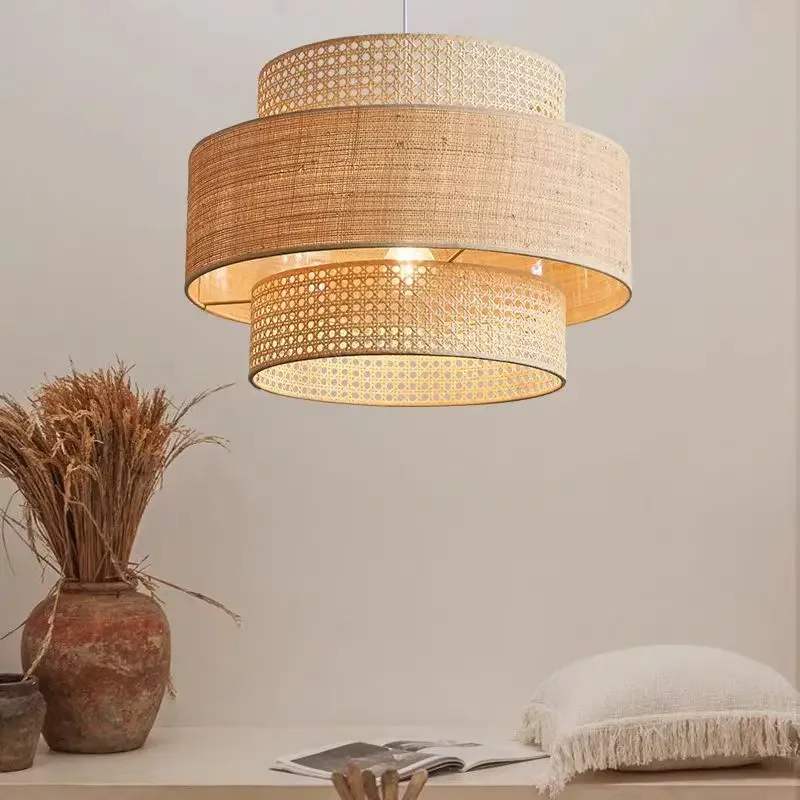 

Japanese bamboo pendant light Woven Rattan LED Chandelier for Living Dining Bedroom Light Retro Restaurant Bar Hanging Lamp