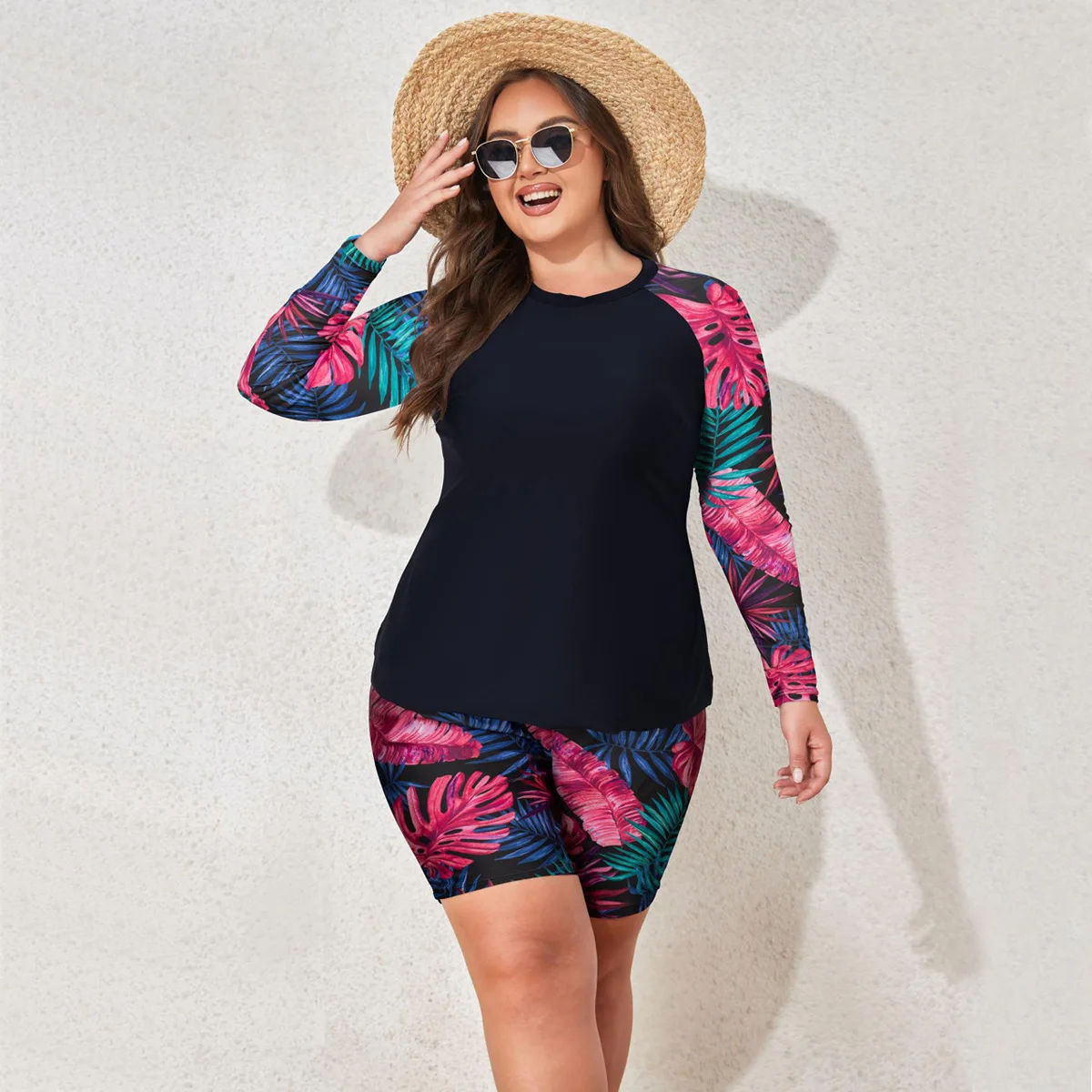 Plus Size 4XL Tankini Swimsuit Set Long Sleeve High Waisted Boyleg Two-Piece with Sun Protection Women Swimwear Bathing Suit