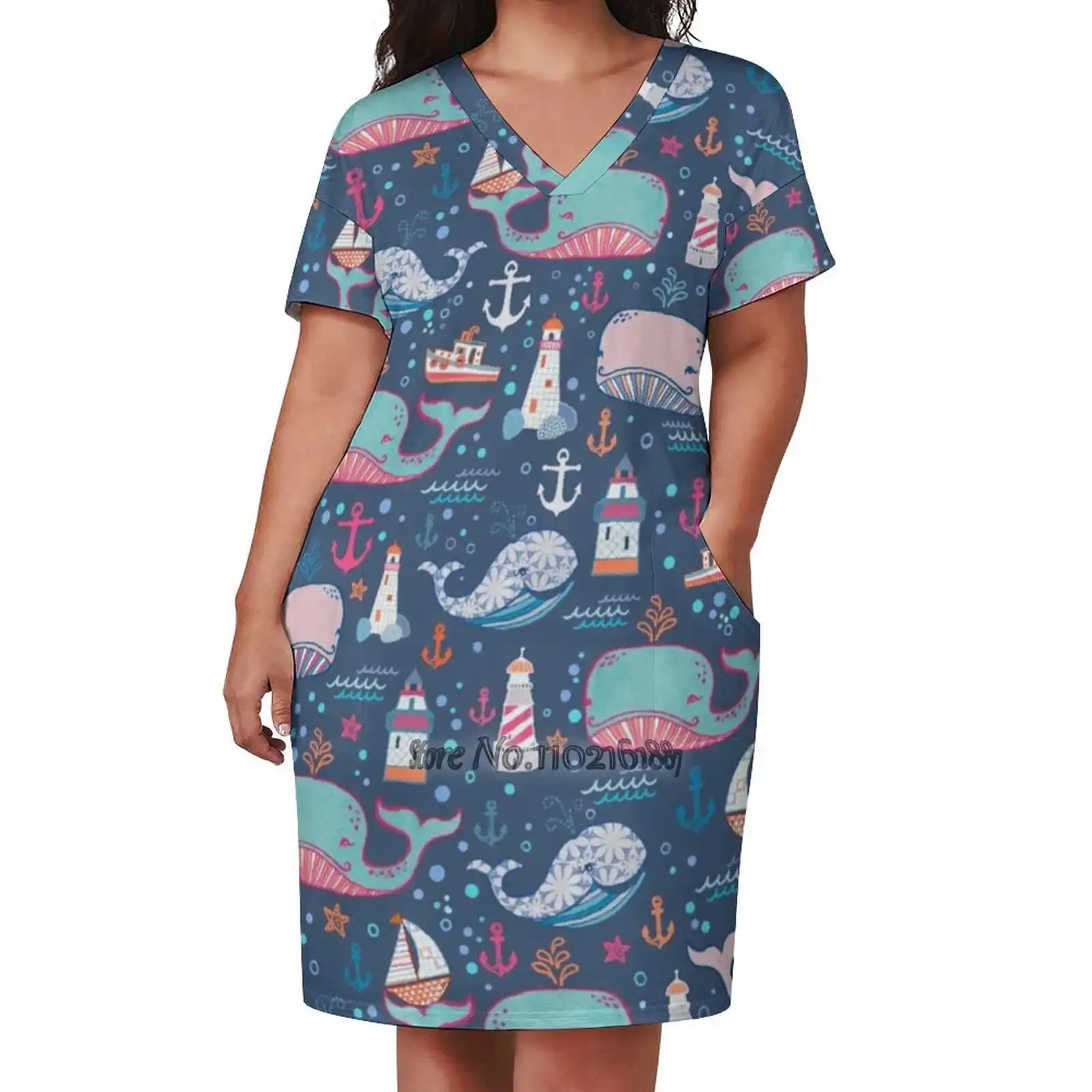 Whale Toss V-Neck Short Sleeve Skirt Korean Kawaii Skirts Party Dresses Whale Lighthouse Ocean Boats Blue Navy Anchors Kids Art