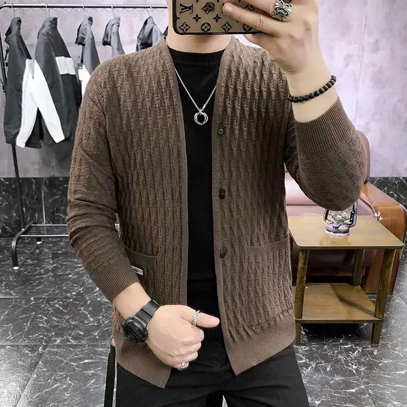 Suéter de cardigan de peito único masculino, malha gola V, tops casuais, casacos bonito, primavera, outono, novo, 2023