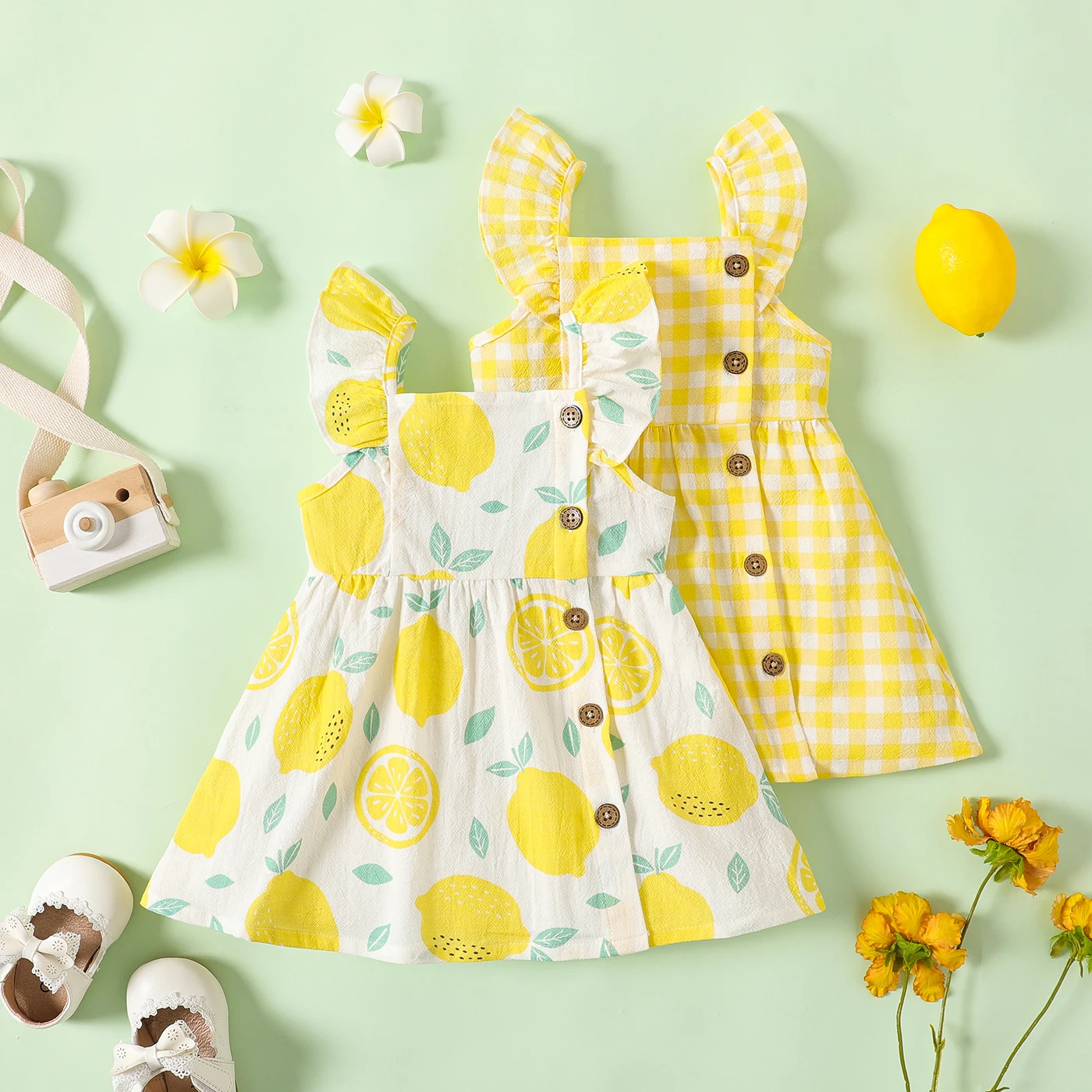 PatPat 1pc Baby Girl Plaid&Lemon&Fruit Sweet Dress