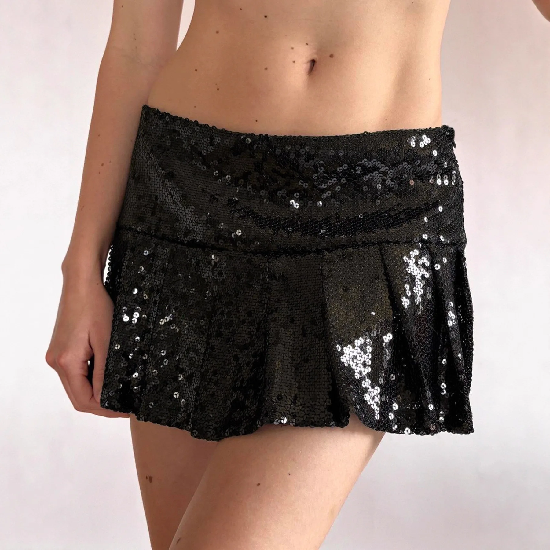 Spice Girls Schwarzer Party-Paillettenrock Design Sense Kurzer Faltenrock mit niedriger Taille für Damen