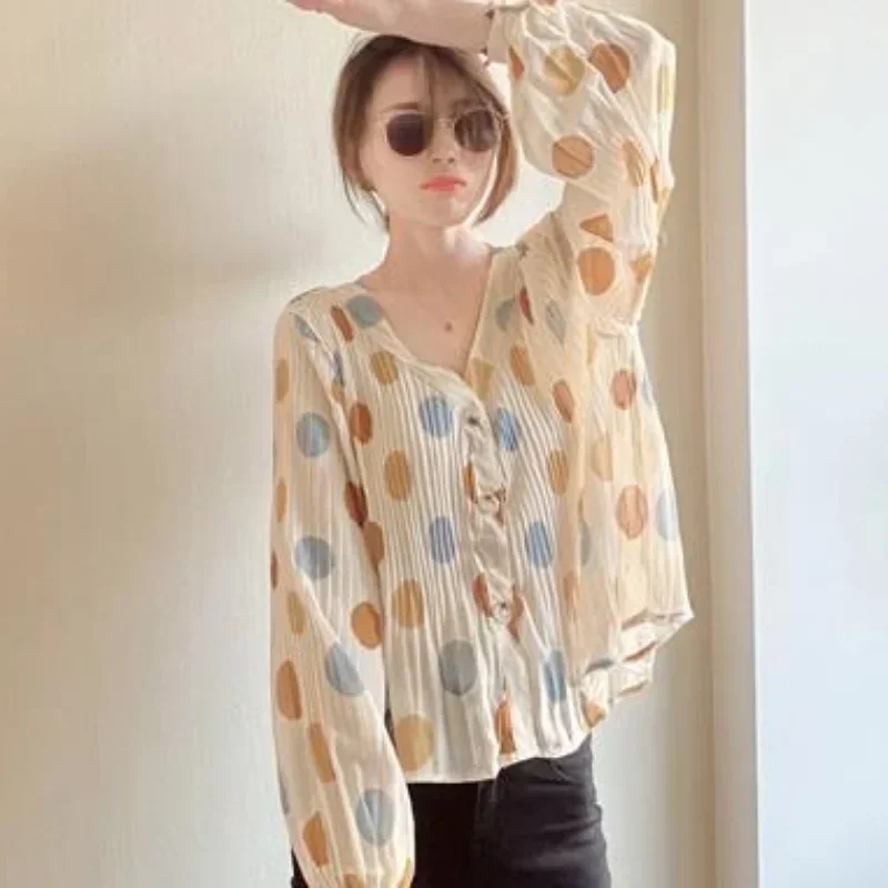 여성용 용수철 도트 브이넥 폴드 S-3XL 셔츠, 올 매치 디자인, 미적, 우아함, 레저, 스타일리시, 시크한 BF
