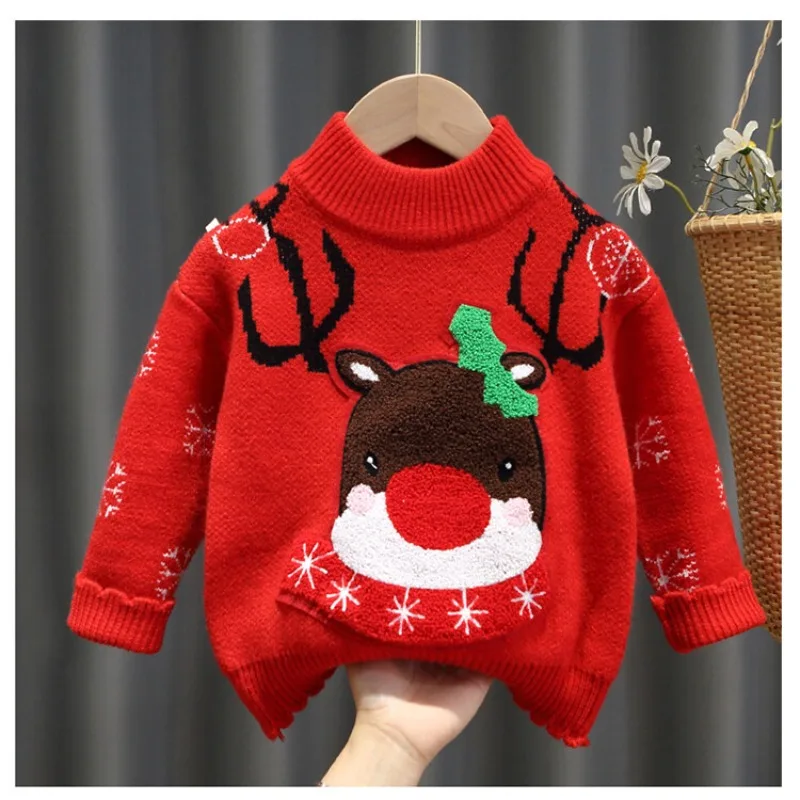 

Children Pullover Sweater Knitwear Long Sleeved Casual Tops Kids Christmas Reindeer Autumn Winter Clothes for Girls Boys