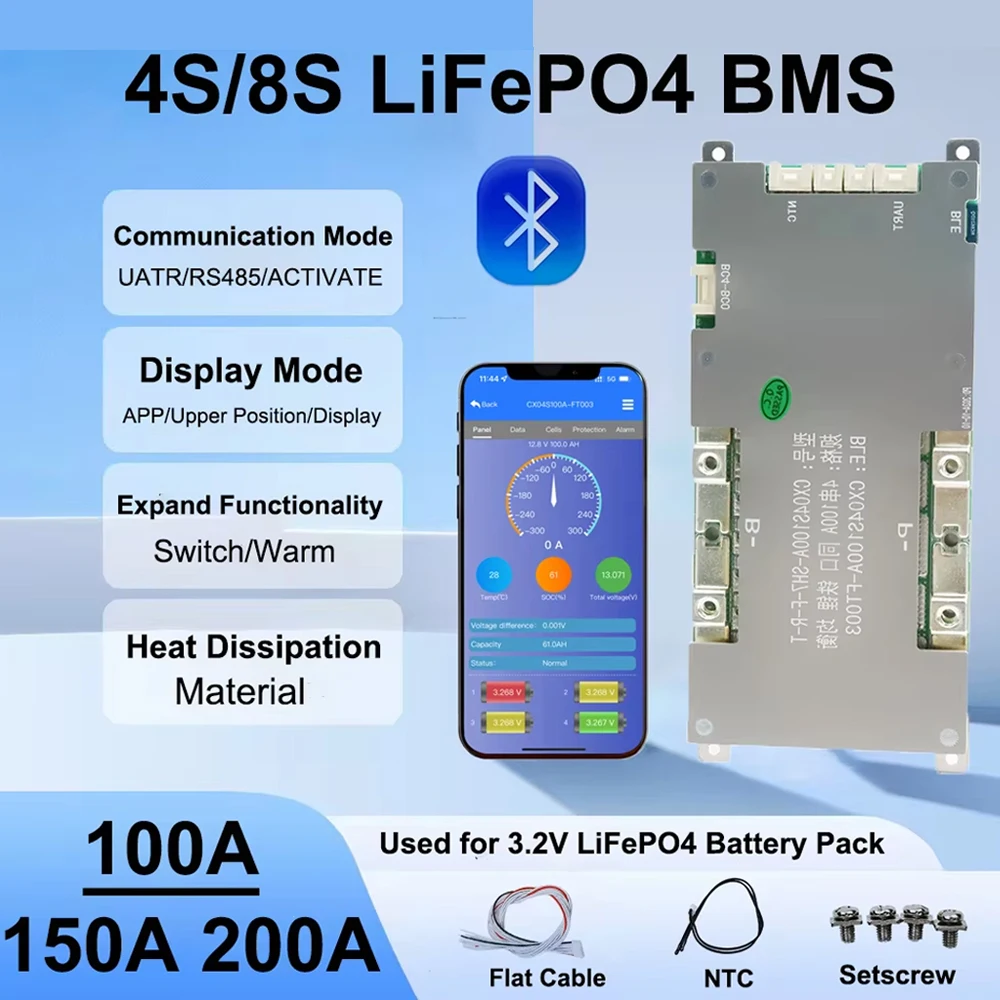 

NEW 4S 8S LiFePo4 BMS 100-200A Bluetooth Communicator UATR RS485 NTC For DIY 12V 24V Battery Pack Support Series/Parallel Use