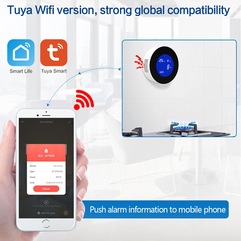 Tuya Wifi Smart Natural Gas Detector Alarm Combustible Gas Leakage Alarmer LCD Display with Temperature Sensor