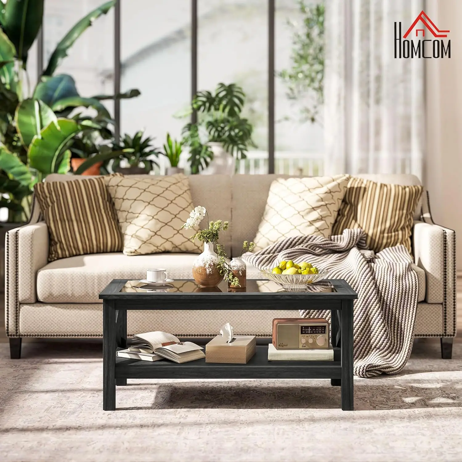 Homcom Glass Coffee Table, Modern Farmhouse Center Table With Storage, Side Table For Living Room With Classic X-Bar Style