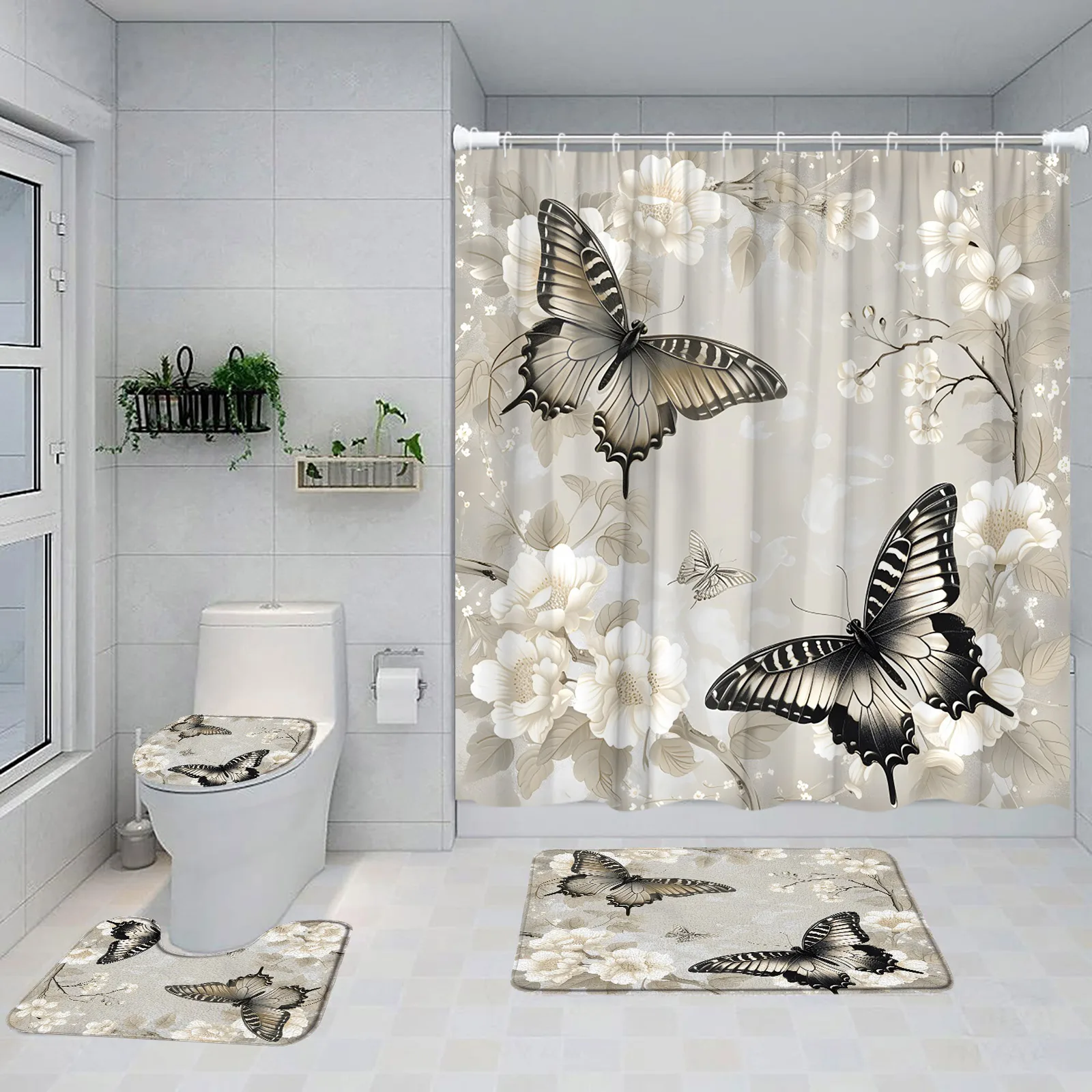 Colorful Butterflies Floral Shower Curtain Set Flowers Plants Blooming Blossom Bathroom Decorations Bathtub Rug Toilet Lid Cover