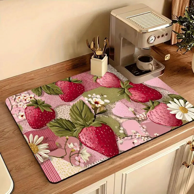 VIKAMA Strawberry Daisy Floral Drainage Mat Absorbent Non Slip Coffee Maker Mat Kitchen Countertop Table Decor Home Decor