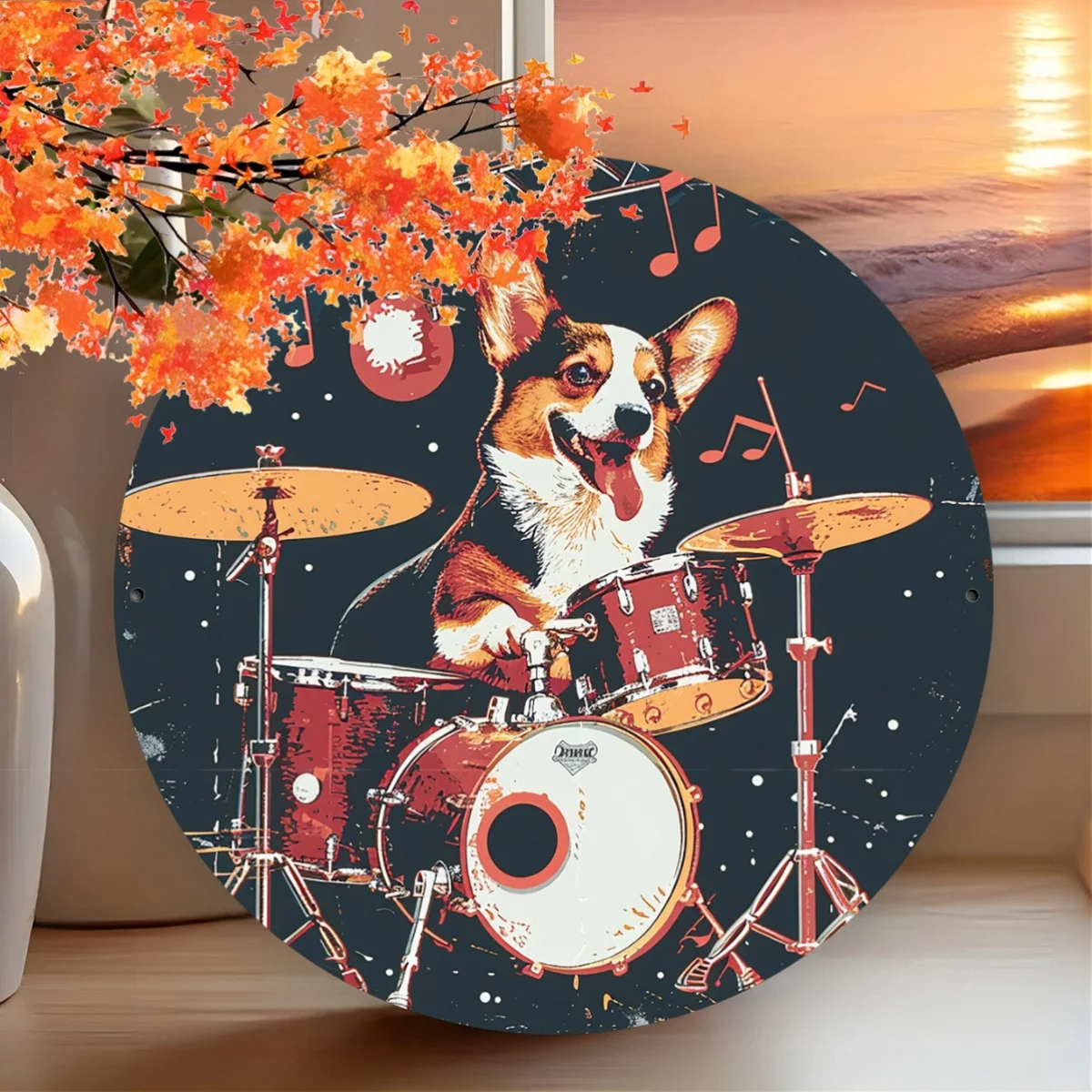 1pc Rockin' Corgi Drummer Vintage Aluminum Sign, 8x8 Inch Metal Wall Art, Indoor/Outdoor Music Themed Decor for Home, Restaurant
