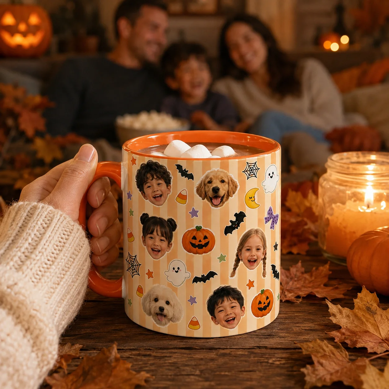 Custom Mugs Design Kid Face and Dog Face Photo Halloween Accent Mug Personalized Striped Ghost Pumpkin Mug For Holiday Party Use