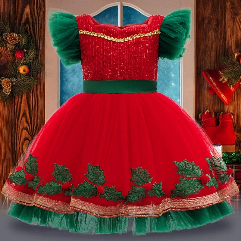 Christmas Girls Princess Dress Cute Tree Mesh Girls Dress Party Performance Costumes 2 3 4 5 6 7 8 9 10 Years Xmas Kids Clothes