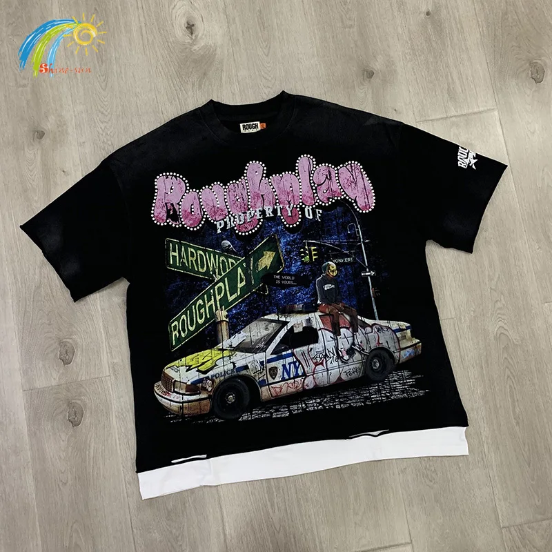 

Classic Flash Diamond RoughPlay T Shirt Hip Hop Graphics Print Washed Black Damaged Hole Tee Splicing Edge Rough Play T-Shirt