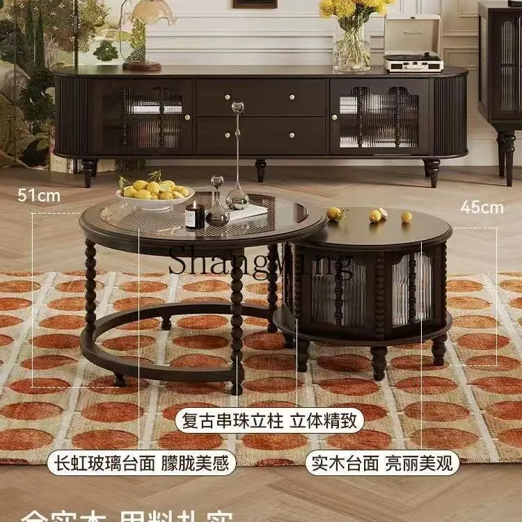 

ZYY simple retro round coffee table solid wood living room home black antique style combination coffee table