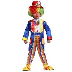 Boys Girls Clown Cosplay Costume Halloween Theme Party Carnival Performance Clothes Striped Jumpsuit with Coat Top Hat Bowtie