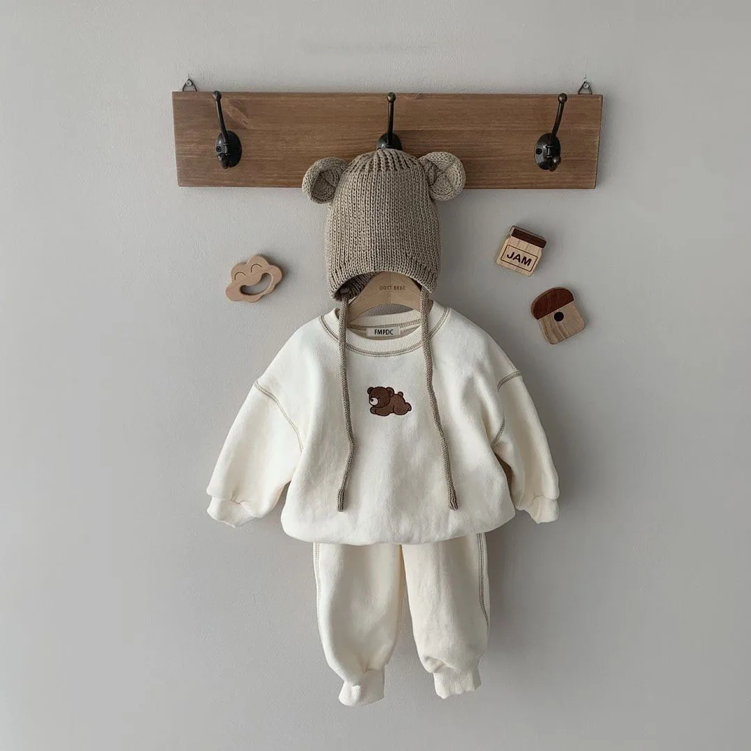 Newborn Baby Girls Boys Solid Color Clothes Set Bear Embroidery Long Sleeve O-neck Tops + Long Pants Kid Clothing Accessories