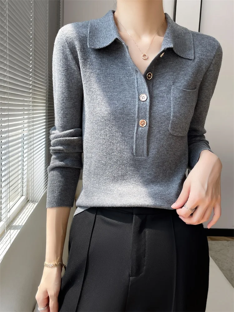 

Elegant Fashiong Blend Wool Women's T-Shirts Spring Autumn Female Knitwear Polo Sweater Long Sleeve Clothing Tops Cozy Blouses
