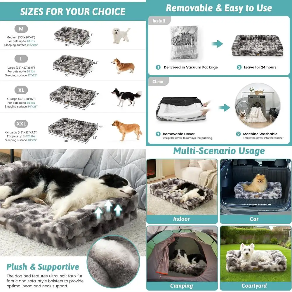 

Orthopedic XXL Dog Bed with Faux Fur, Water-Resistant Cover, and Anti-Slip Base in Tie-Dye Grey 48x32x8
