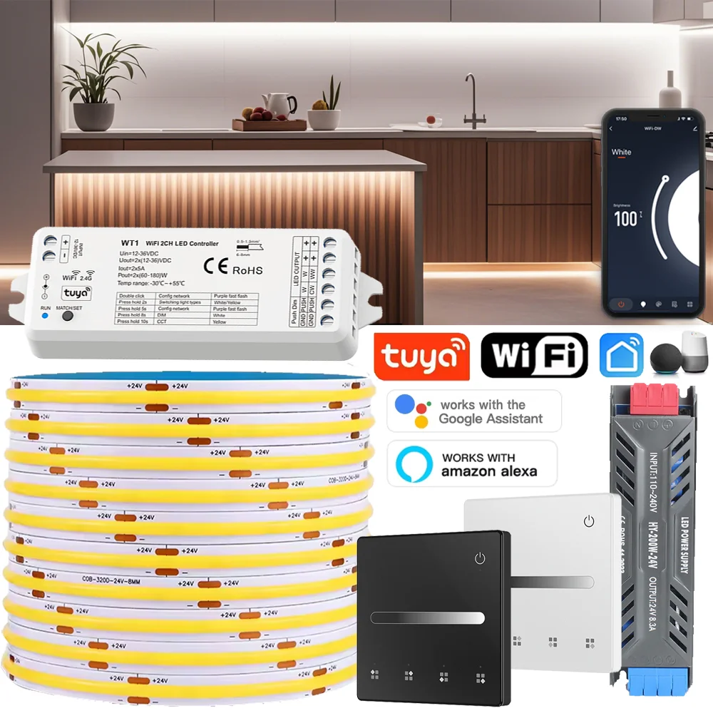 

24 В COB Светодиодная лента Tuya WiFi Smart LED Dimmer 4Zone Настенная сенсорная панель Дистанционное приложение Книжный шкаф Гардероб Лампа Лента