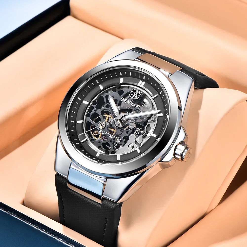 Reloj mecánico BENYAR con movimiento automático 5207 Tourbillon, correa de cuero deportiva, reloj luminoso resistente al agua para hombre, reloj Masculino