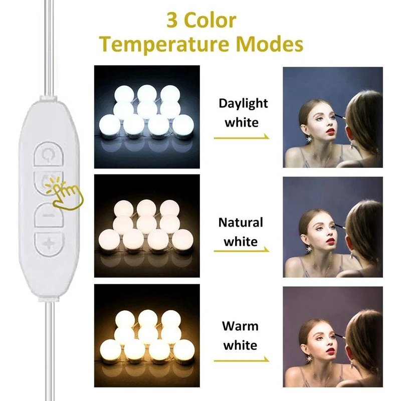 LED Vanity Mirror Lights With 10 Dimmable Bulbs 3 Color Modes, Makeup Lights For Dressing Table Mirror, Bath Mirror