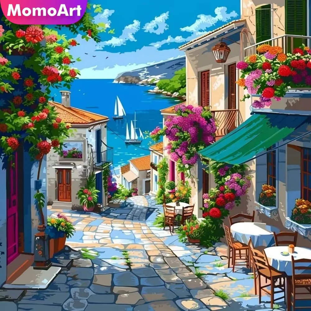 Momoart Neuerscheinung Diamant-Mosaik Straßenlandschaft Diamantmalerei Küstenstadt Nadelarbeit DIY Stickerei Handarbeit