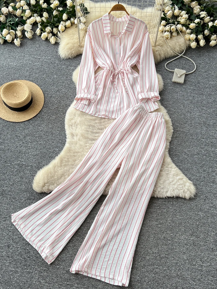 

Women's Stripe Shirt Wide Leg Pants Belted Waist Commute Set Spring Autumn Lightweight Comfortable Two Piece Suit Casual Work...