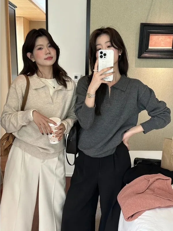 

Loose Korean Style Collar Knitted Sweater Women's Autumn Winter Soft Comfortable Long Sleeve Top Casual High End Feeling