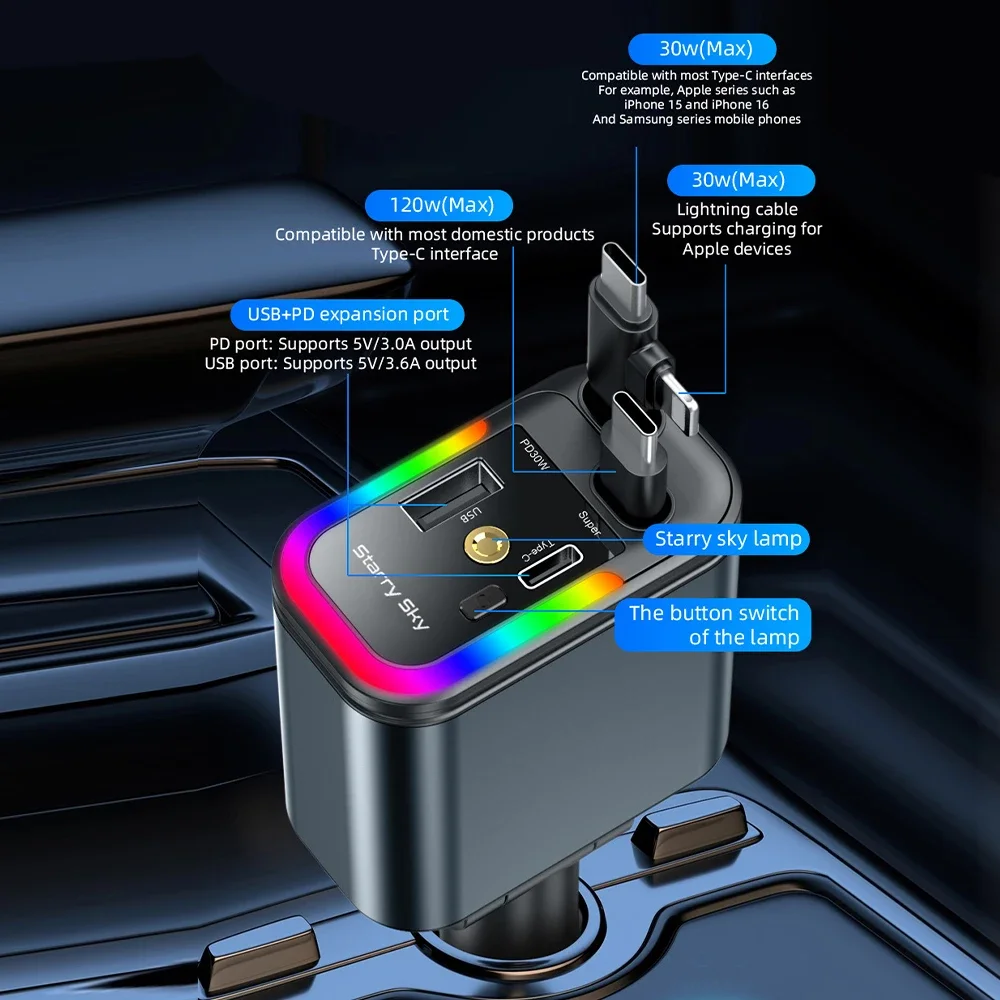 Pengisi Daya Mobil Cepat 5-in-1 180W USB Type-C Adaptor Daya Pengisi Daya Ponsel Retractable Dengan Lampu Bintang Atap Untuk Ponsel IOS Android