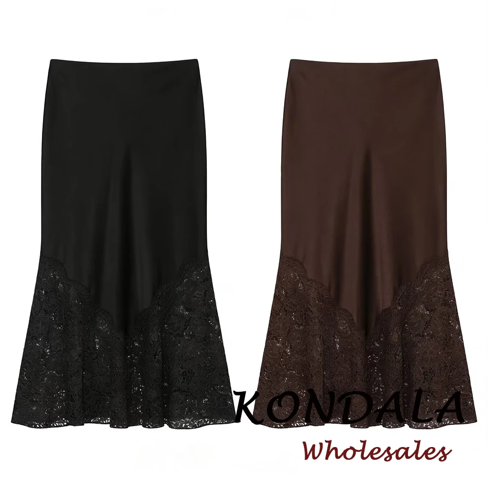 

Элегантная длинная юбка KONDALA Chic Lace Vintage Fashion 2026: весенняя, с завышенной талией, в стиле стритвир, драпированная, современная, на молнии, женская