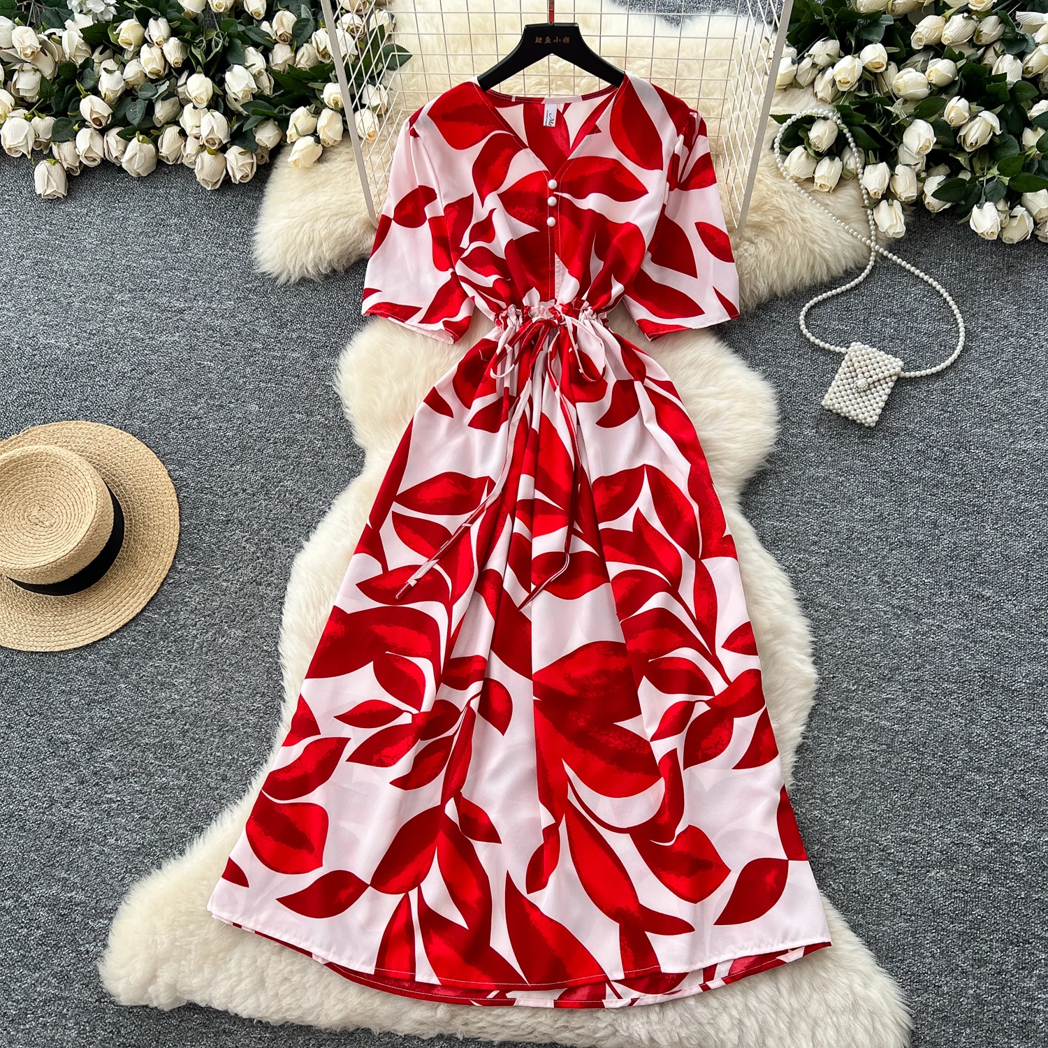 エレガントなドローストリング半袖ヴィンテージシックなスリムボールガウンドレスフレンチイブニングハイストリート服