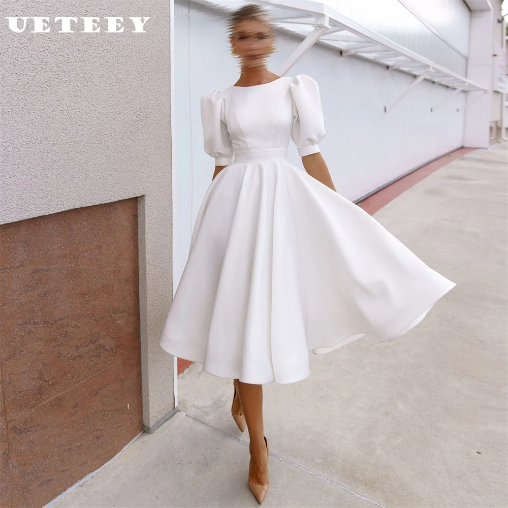 UETEEY Customized O Neck Half Puff Sleeves Crepe A Line Wedding Dress Women Simple Button Cut Out Back Mid-Calf Bridal Gown