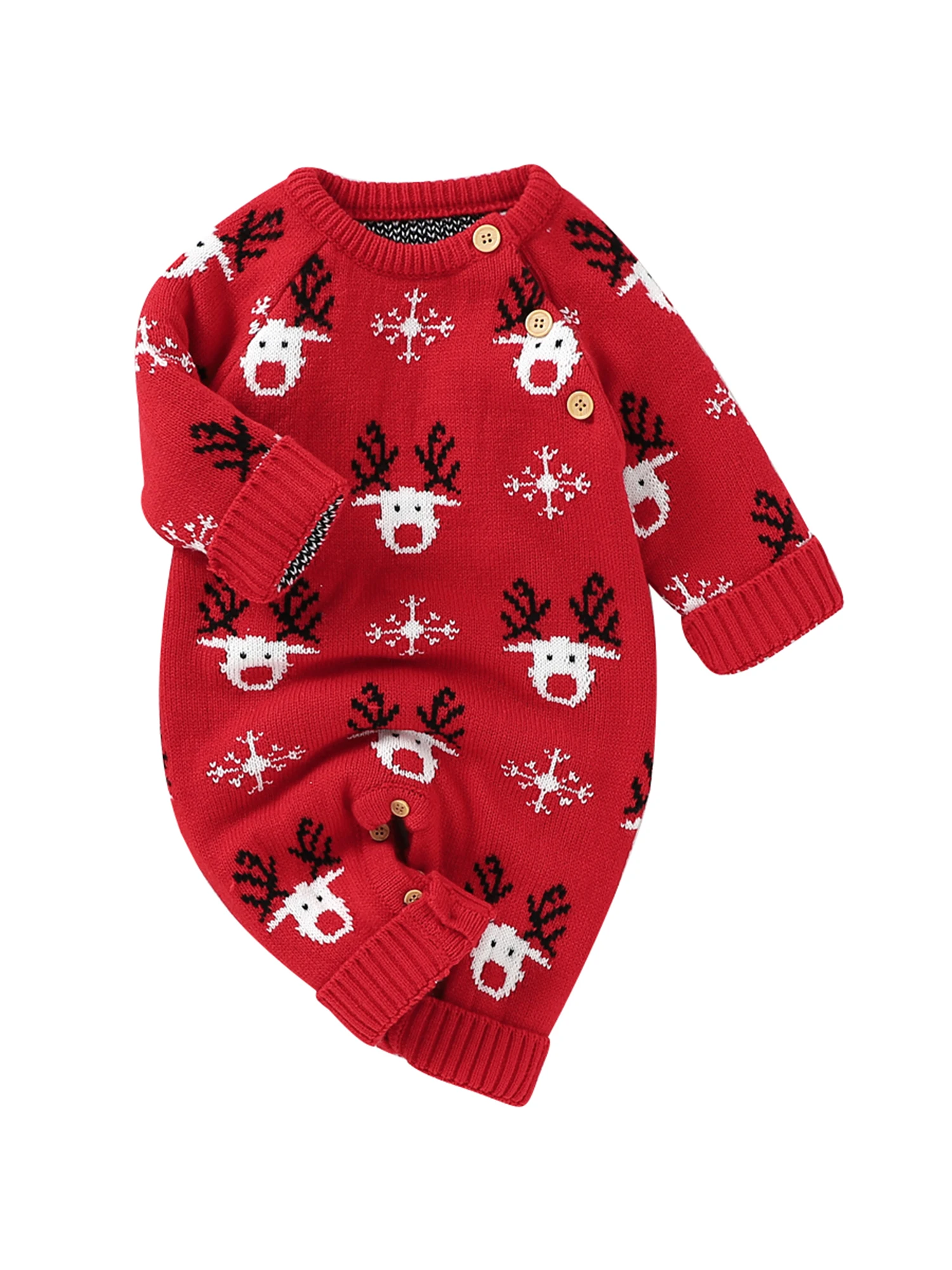 Winter Baby Infant Reindeer Snowflake Print Bodysuit with Long Sleeves and Round Neckline