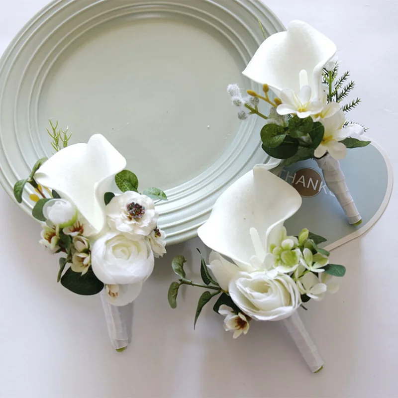 Corsage de poignet boutonnière blanche, décor de demoiselle d'honneur, fleurs de mariée, accessoires de mariage