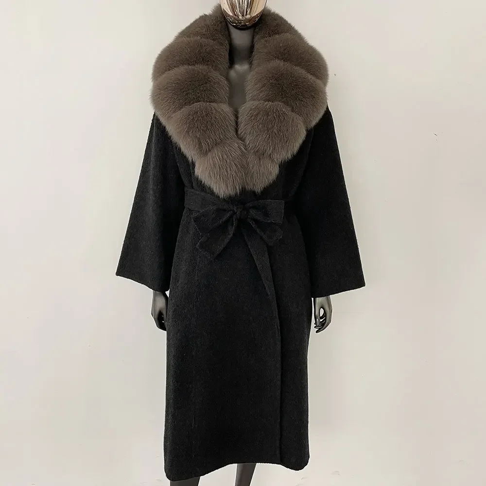 2024 New Oversize Ladies Outerwear Real Fur Coat Winter Women Natural Fox Fur Collar Jacket Hood Cashmere Woolen Blend Coat