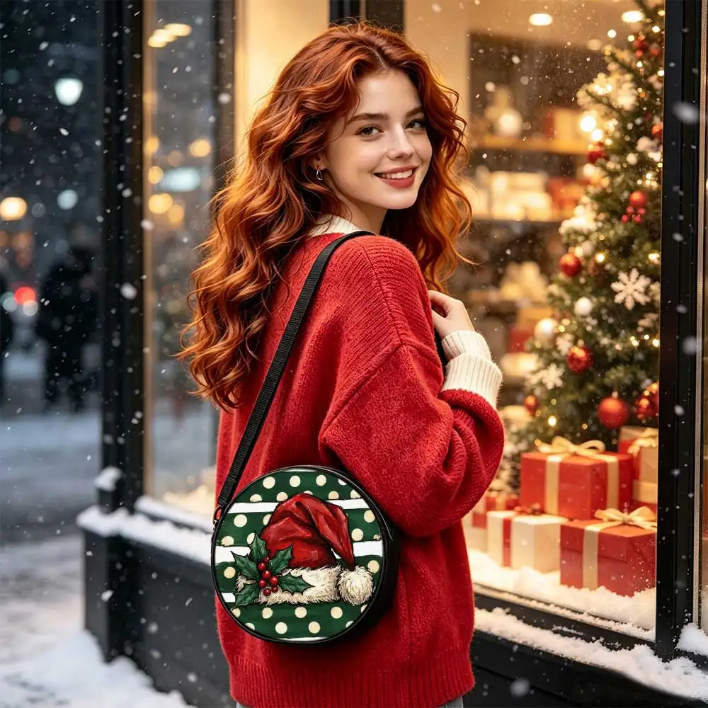 Christmas Santa Hat with Holly Print Round Women Shoulder Bag, leisure crossbody purse, retractable strap, practical gift