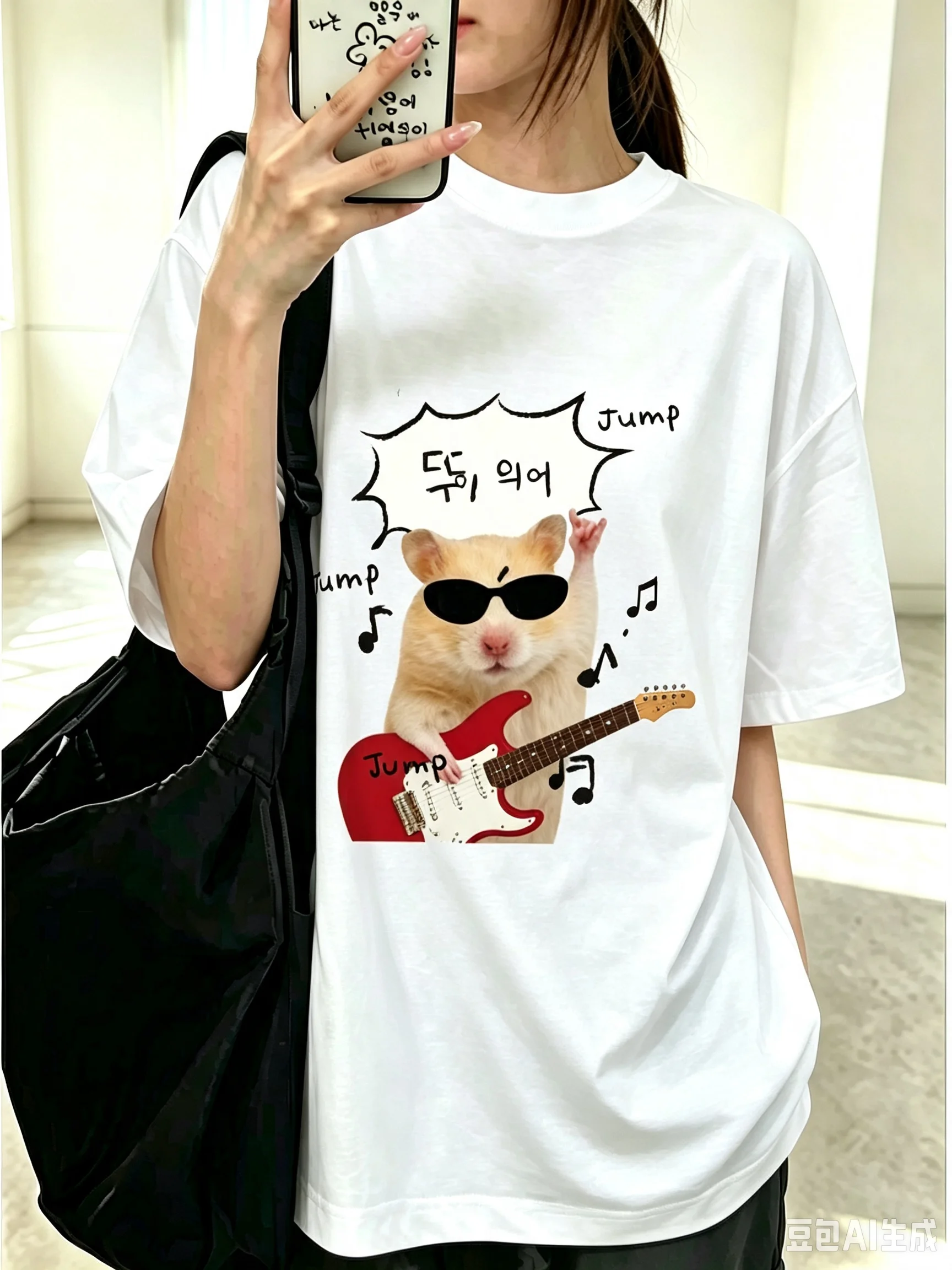 2026 Funny Rock Hamster Guitar Print Short Sleeve Tee Casual Loose Streetwear Top Youth Cute Pet Style Daily Outfit Wear
