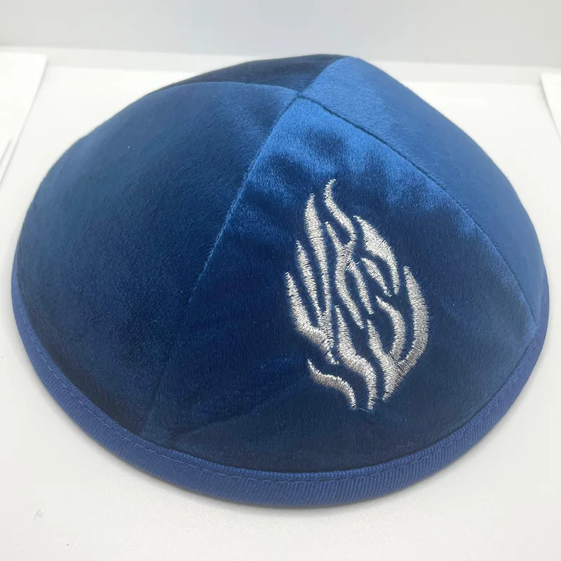 18 cm große Samt-Kippah mit Feuer-Stickerei für Herren, Yamaka-Hut, Kippot, Königsblau, Grau – Detail 1