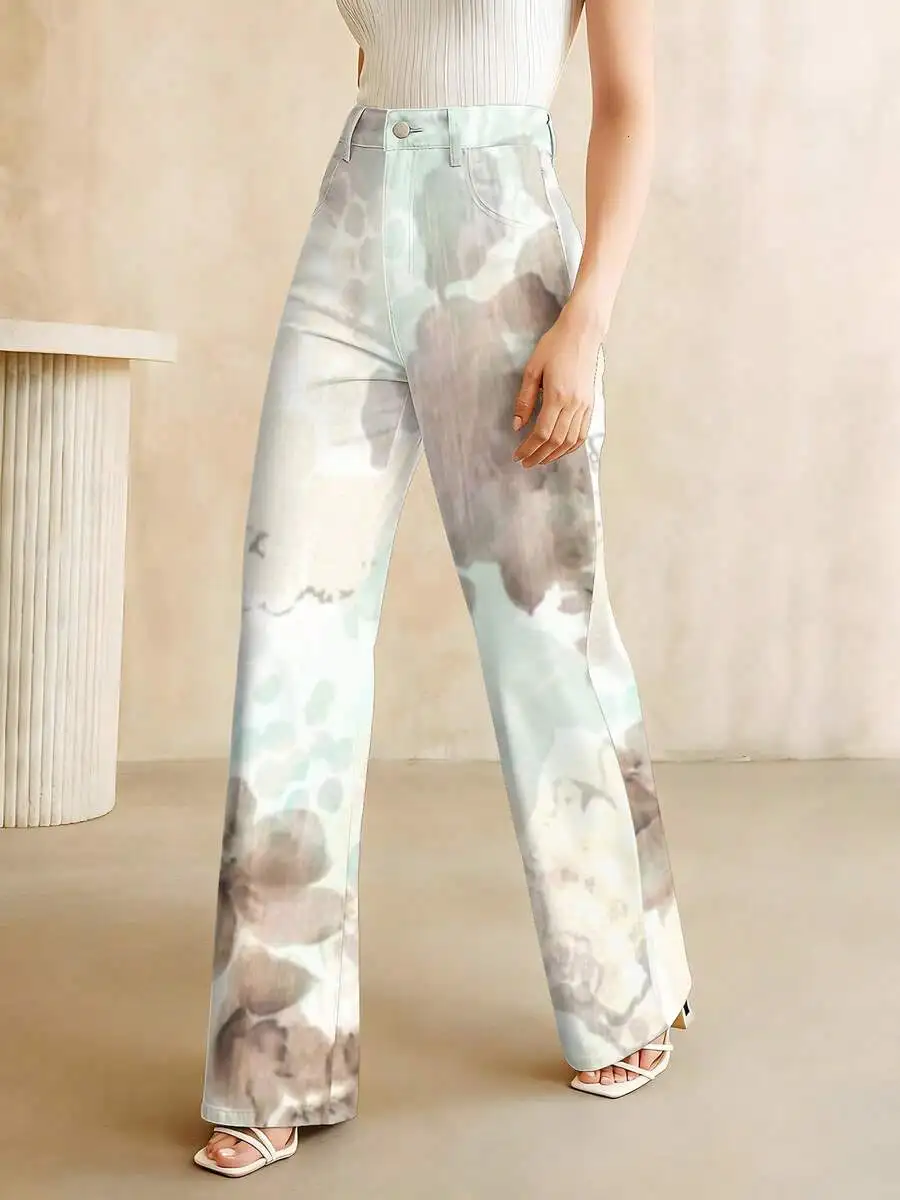 

High-Waist Floral Print Denim Pants Women Casual Straight Leg Trousers Spring Summer Watercolor Design