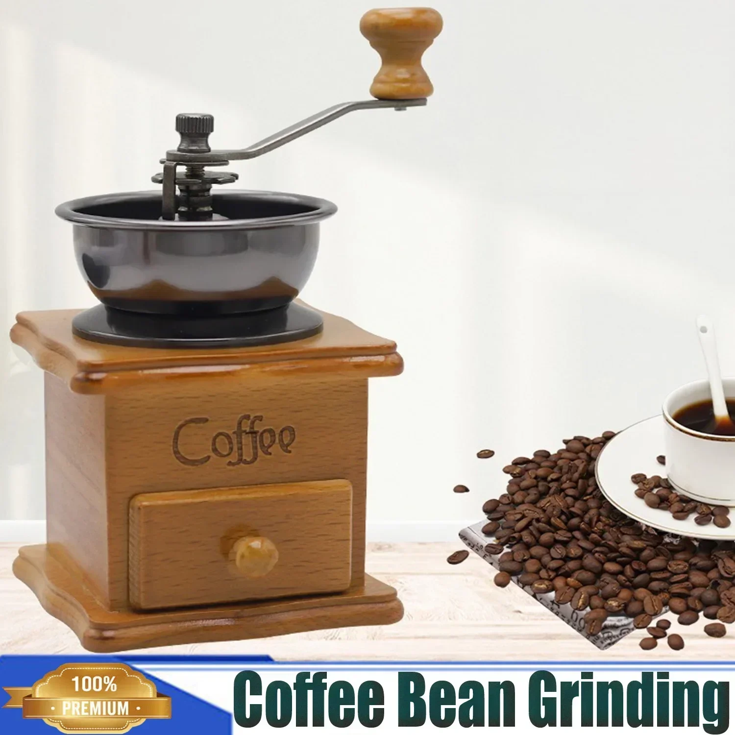 Manual Coffee Grinder,Wooden Coffee Bean Grinder with Hand Crank Rocker, Adjustable Fine to Coarse,Portable Fresh Ground Tools