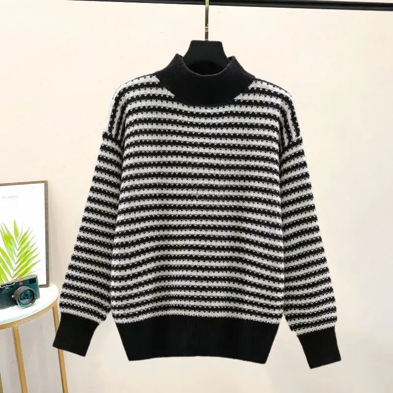 2023 Fashion Retro Half High Neck Pullover Sweater for Women Autumn Winter New Stripe Backing Loose Knit Long Sleeve Top