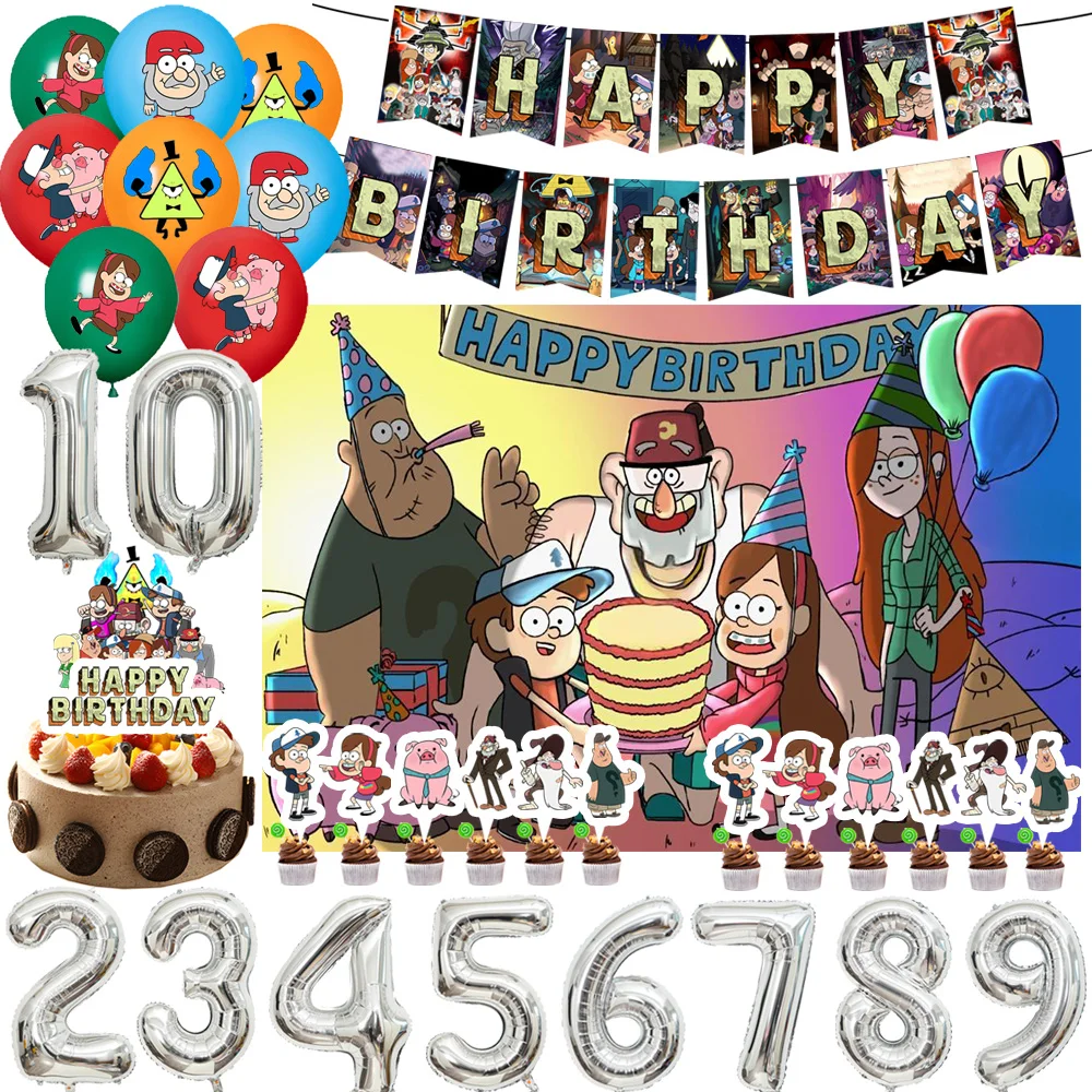 

Gravity Falls Theme Kids Birthday Party Decor Supplies Cartoon Background Banner Cake Topper Number Balloon Baby Shower Props