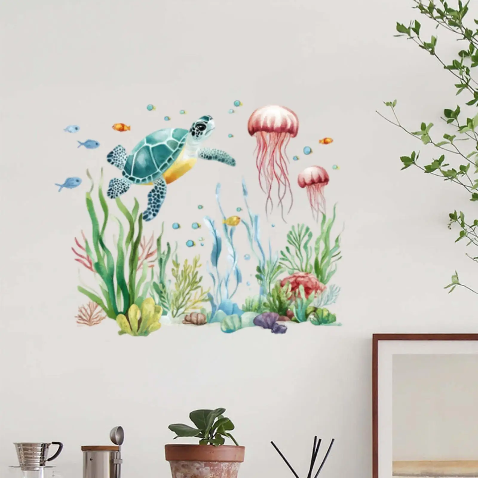 2x Sea World Wall Stickers Under The Sea World Scenery Creative Waterproof Marine Animal Wall Decals for Bathroom Holiday