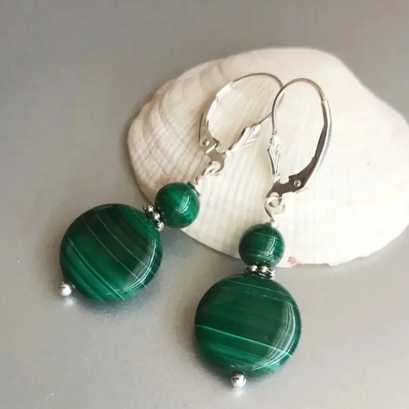 Malachite Earrings, Greenstone Lever Back Coin Earrings, Real Malachite Beaded Bohemian Jewelry  Crystal Earrings