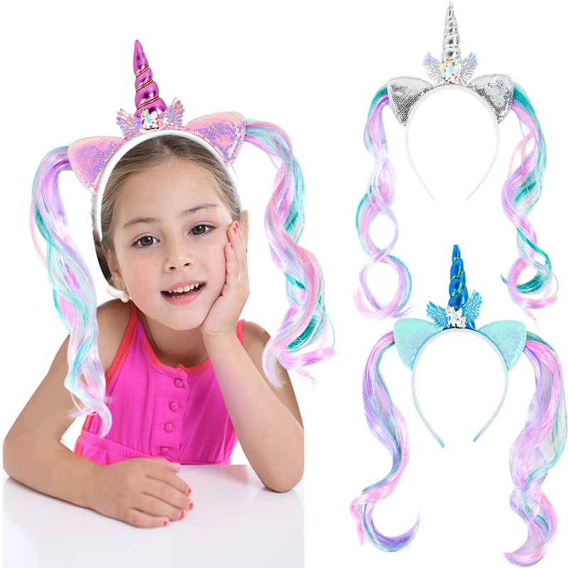 Unicorn Birthday Girl Headband Sequined Two Pigtail Hair Hoop Hairbands Baby Shower Unicorn Birthday Party Decoration Headwear