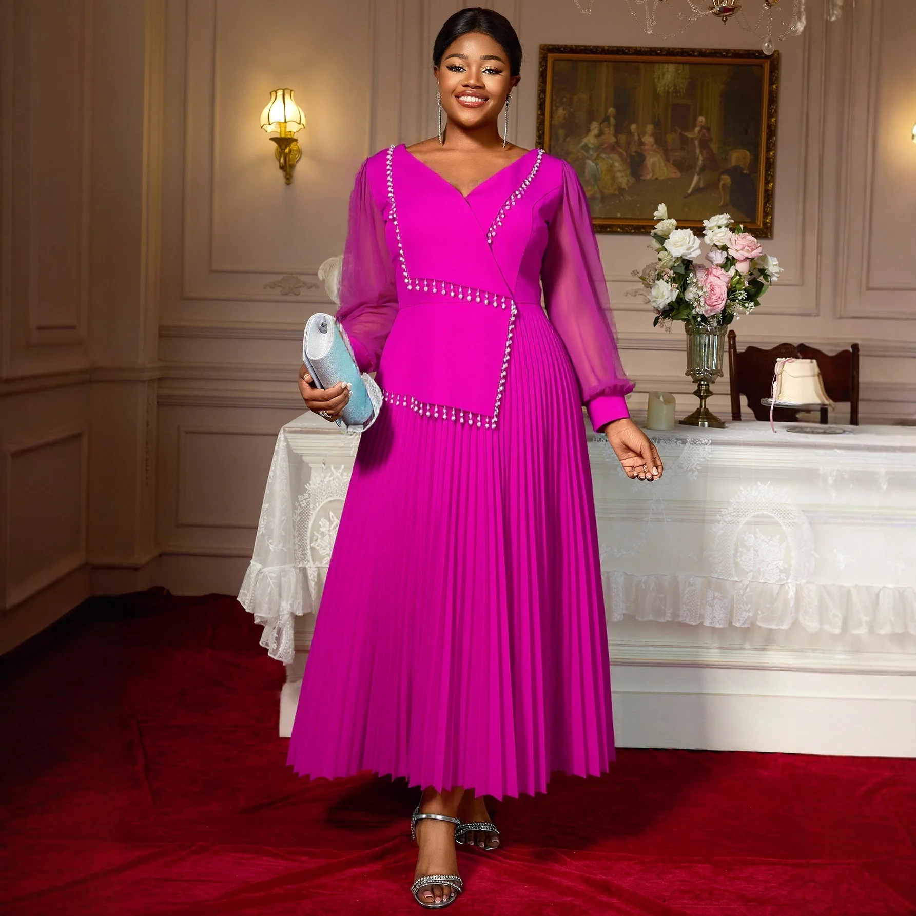 

Dashiki African Clothes for Women Autumn African Long Sleeve V-neck Elegant Plus Size Long Pleat Dress Party Evening Gowns